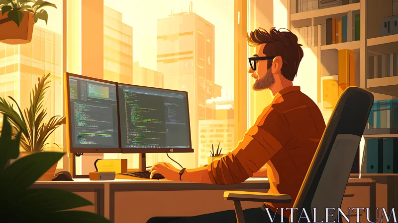 Focused programmer codes at dual monitors in warm sunset office