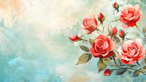 Coral Roses Against Turquoise Textured Background.