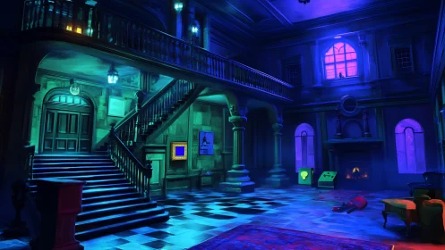 Moody neon-lit mansion hall glowing with cozy mystery.