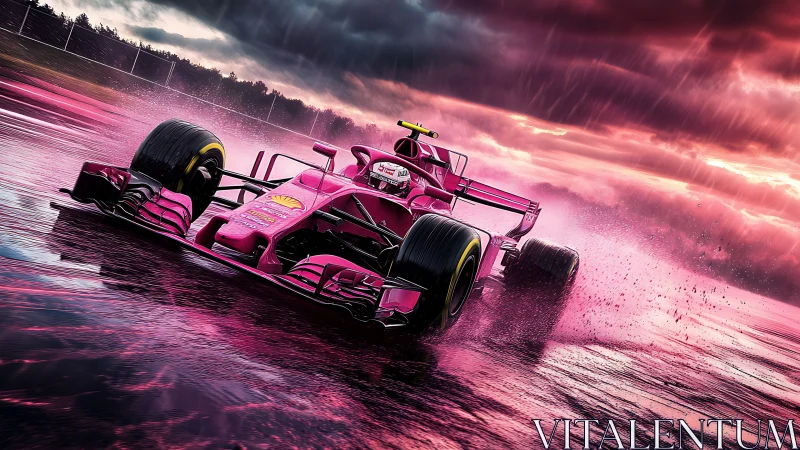 Pink thunder racer slicing through a stormy neon track.