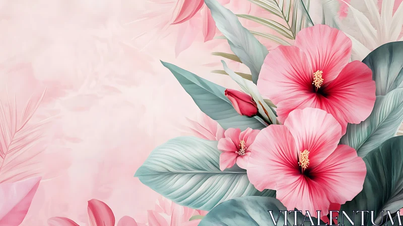 Hibiscus Blooms with Teal Foliage: Soft Botanical Rendering.
