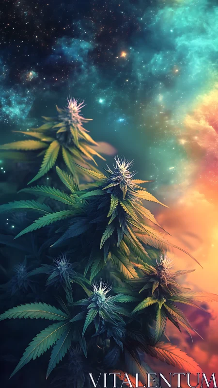 Cannabis plants rendered beneath a stylized nebula sky