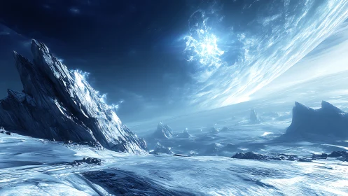 Glacial alien dunes lean toward a blazing newborn star