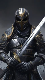 Midnight paladin in ornate black and gold plate armor.