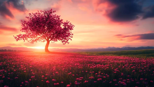 Lone pink blossom tree embracing a glowing sunset field.
