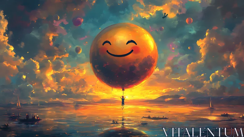 Luminous emoji balloon over chromatic sunset seascape horizon.