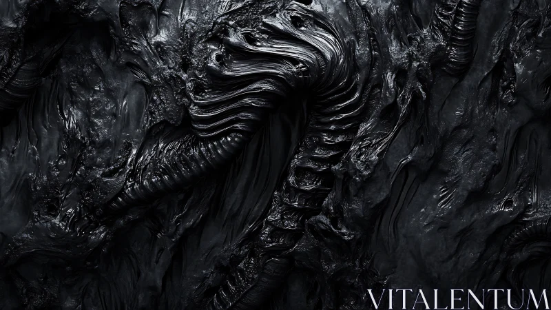 Hyperdetailed black organic extrusion with ribbed biomech folds