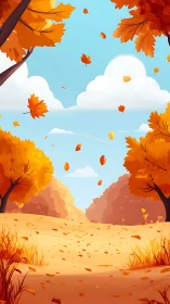 Golden autumn leaves drift across a bright country path