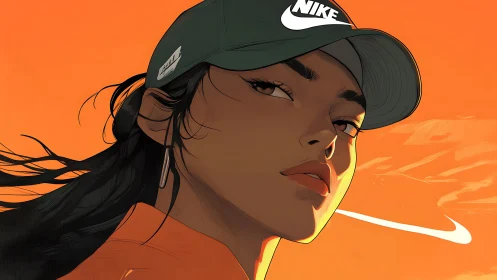 Stylized Nike portrait with confident woman in cap on orange.