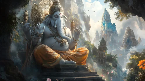 Serene Ganesha statue amid towering temple landscape.