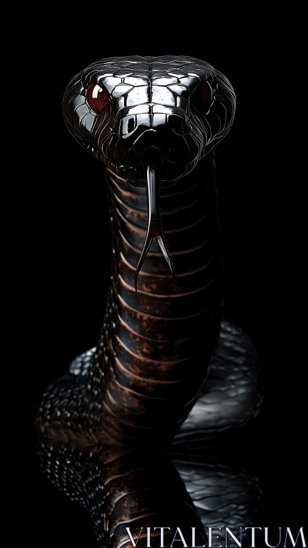 Gleaming black cobra rises from darkness in dramatic focus.