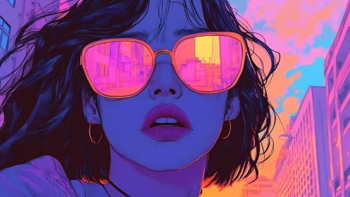 Woman in reflective sunglasses stands in stylized cityscape