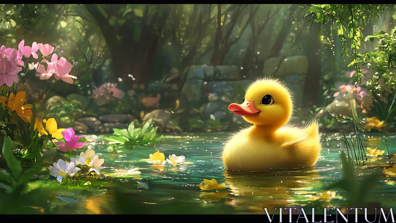 Golden duckling drifts through sunlit forest pond in bloom