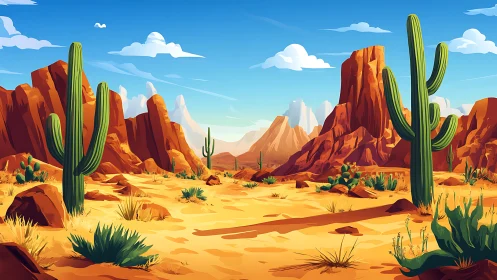 Sunlit desert canyon with friendly towering cacti all around.