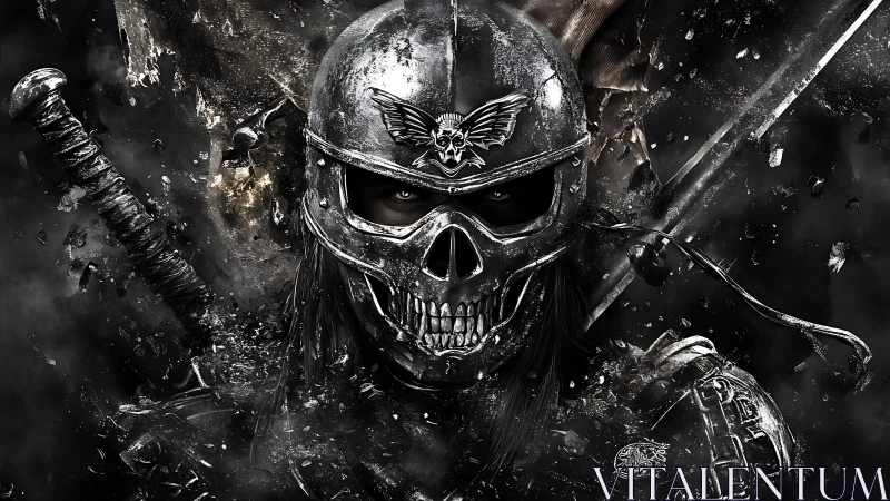 Chromed skull helm warlord amid ballistic debris field.