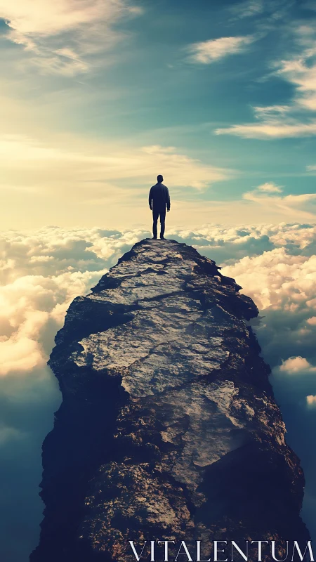 Solitary figure stands on jagged summit above glowing clouds.