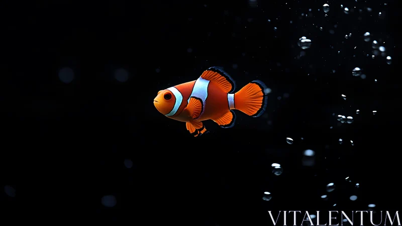 Vibrant Clownfish in Dark Water with Bubbles, Realistic Style.
