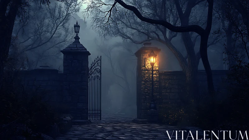 Foggy stone gate and lampposts in a dark moonlit forest.