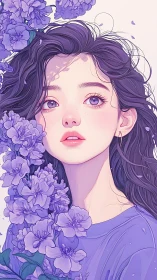 Young woman with purple flowers rendered in soft detail