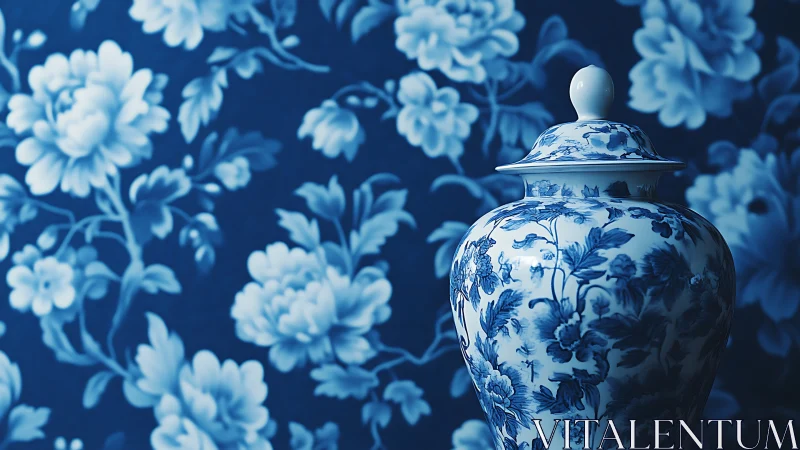 Blue porcelain vase against floral chinoiserie backdrop.