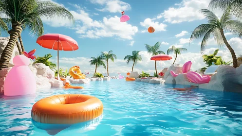 Vibrant tropical pool paradise with playful float rings.