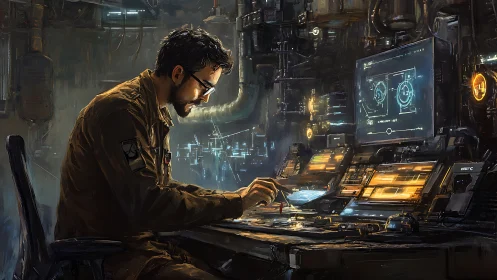 Cyberpunk control station with immersed systems engineer at console.