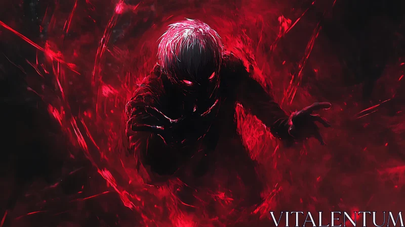 Shadowed ember spirit reaching through crimson storm.