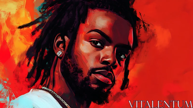 Bold digital portrait of man with dreadlocks on red backdrop.