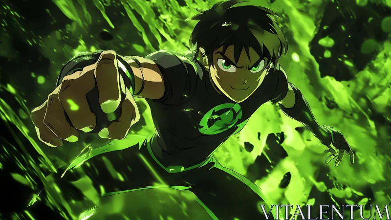 Vector-charged teen hero in emerald kinetic explosion field.