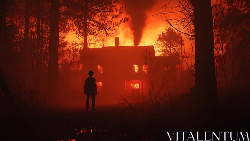 Burning House. Silhouetted figure confronts inferno.