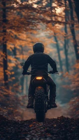 Solitary trail rider haunting a misty copper forest path.