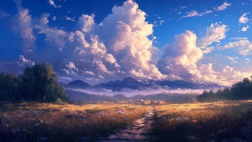 Dirt path through sunlit meadow under towering clouds.