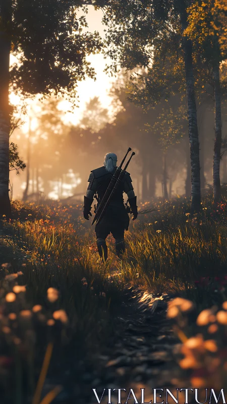 Armored figure walks through backlit forest path at sunrise