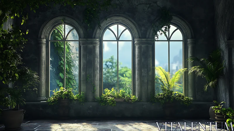 Sunlit arched windows framing lush indoor garden sanctuary.