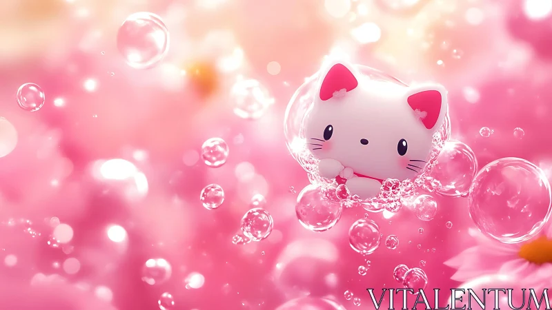 Kawaii cat toy drifting in glossy pink soap bubbles.