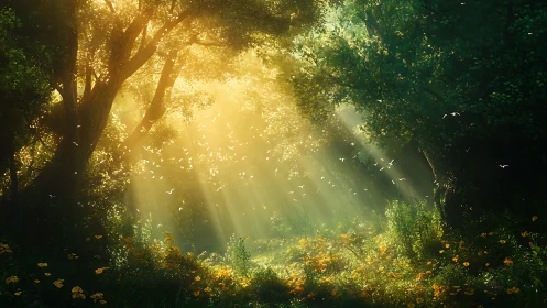 Sunlit forest glade with flowers and drifting birds.