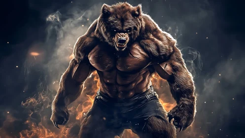 Raging werebear titan amid swirling embers and smoke.