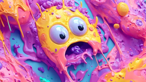 Bright gooey cartoon blob character in neon slime chaos.