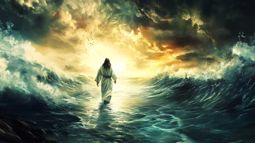 Storm-lit wanderer striding the sea toward molten dawn.