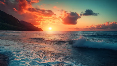 Sunset light intersects coastal waves and distant headland