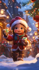 Child in Santa coat walks through glowing snowy street