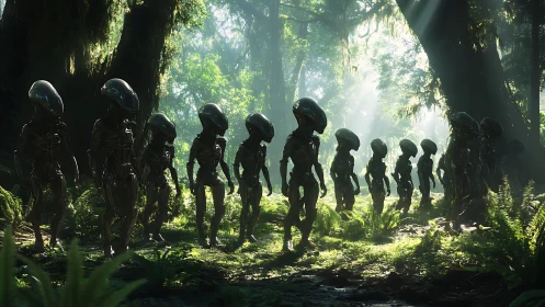 Alien scouts march through a misty, light filled jungle clearing