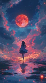 Girl Walking Toward a Glowing Red Moon Above Shimmering Water.