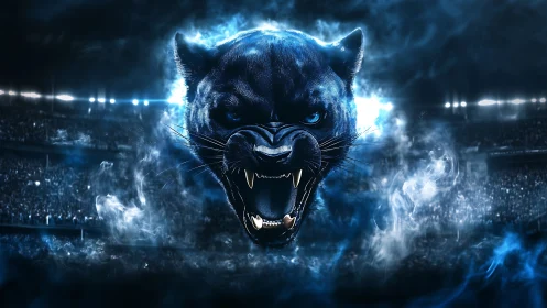 Black Panther with Electric Blue Aura in Stadium.
