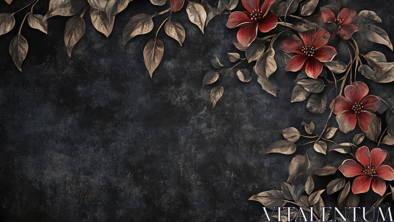 Vintage Floral Composition: Crimson Blooms Against Distressed Dark Surface
