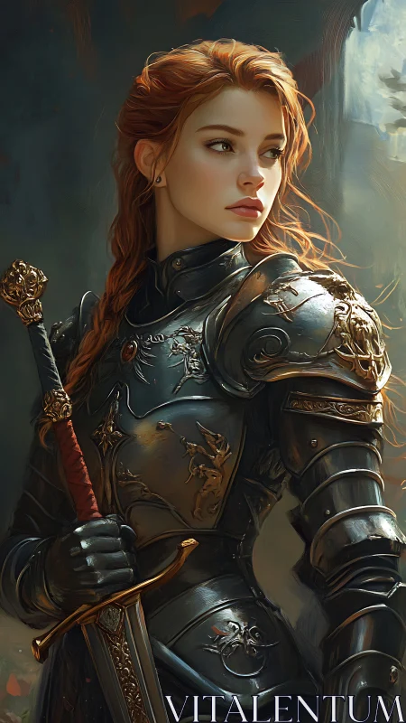Warm light crowns a thoughtful red haired knight in armor.