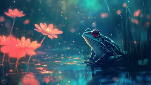 Frog sits beside glowing flowers in stylized night pond