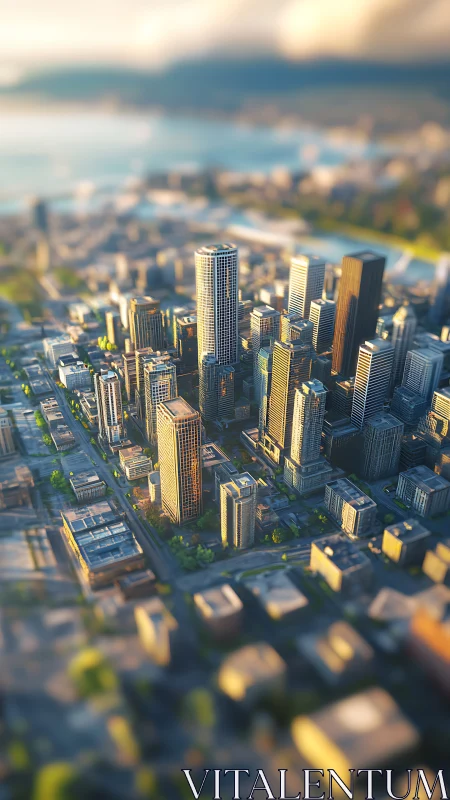 Sunlit skyscrapers rise over a detailed coastal downtown.