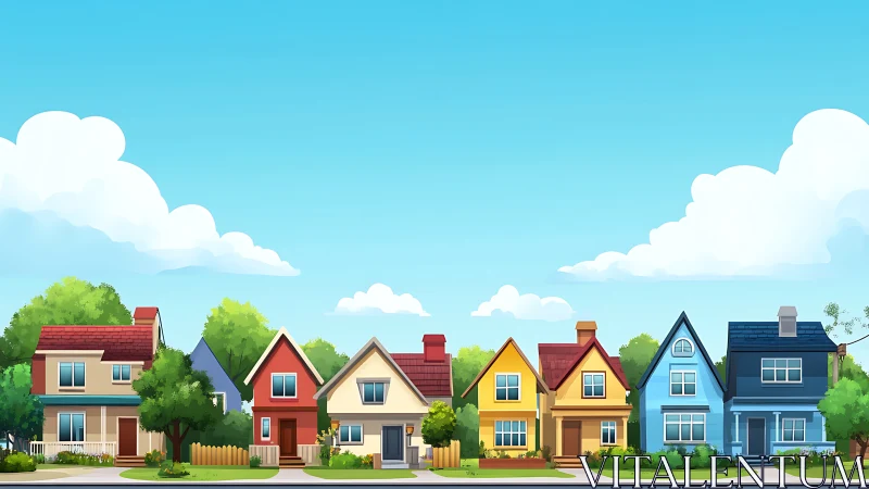 Colorful suburban street with neat row of family houses.