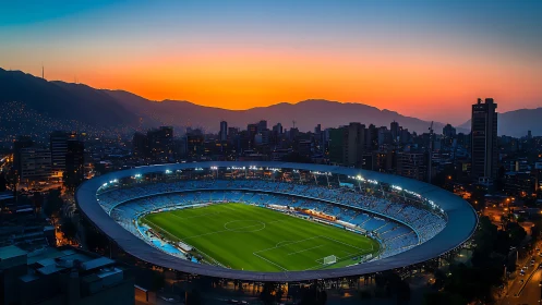 Sunset-lit urban football stadium encircled by cityscape.